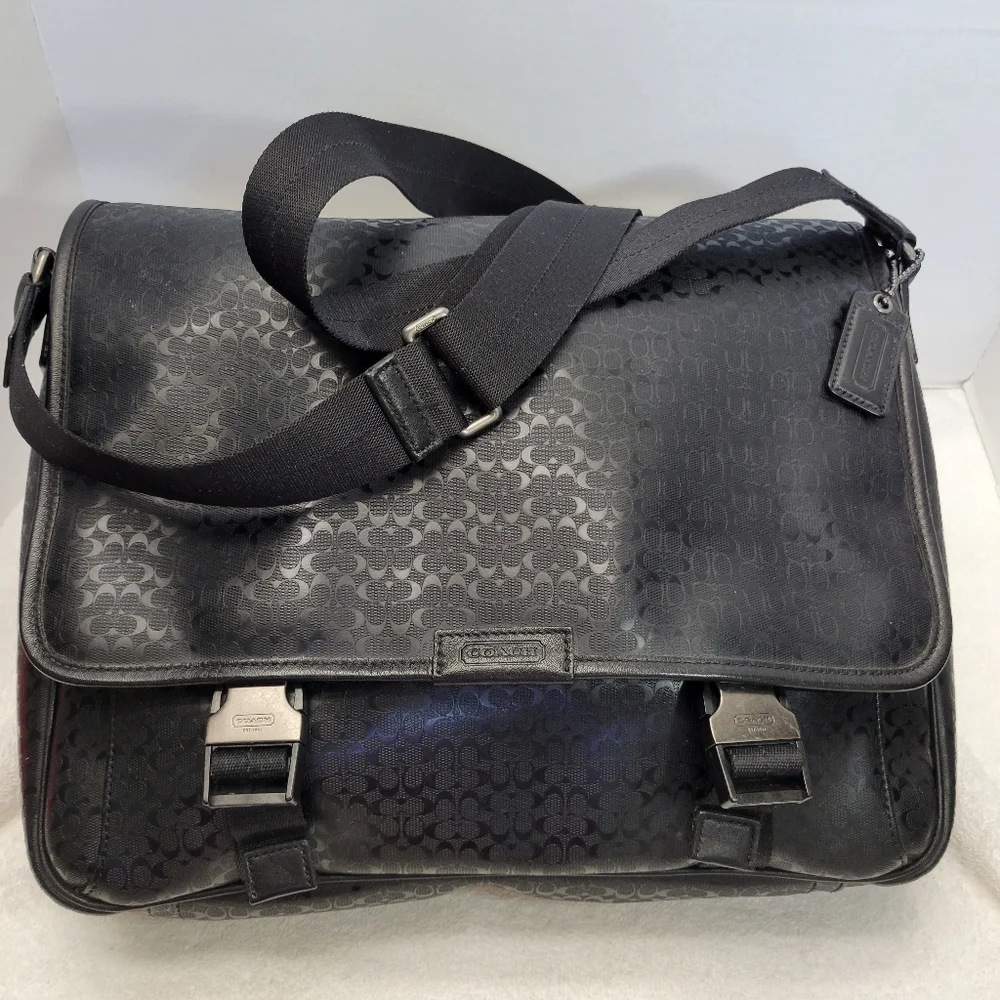 Coach Heritage Signature Black PVC & Leather Messenger Laptop Bag Orig Hangtag